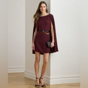 Ralph Lauren Cape Georgette Cocktail Dress in Dark Garnet, 0 (NWT)